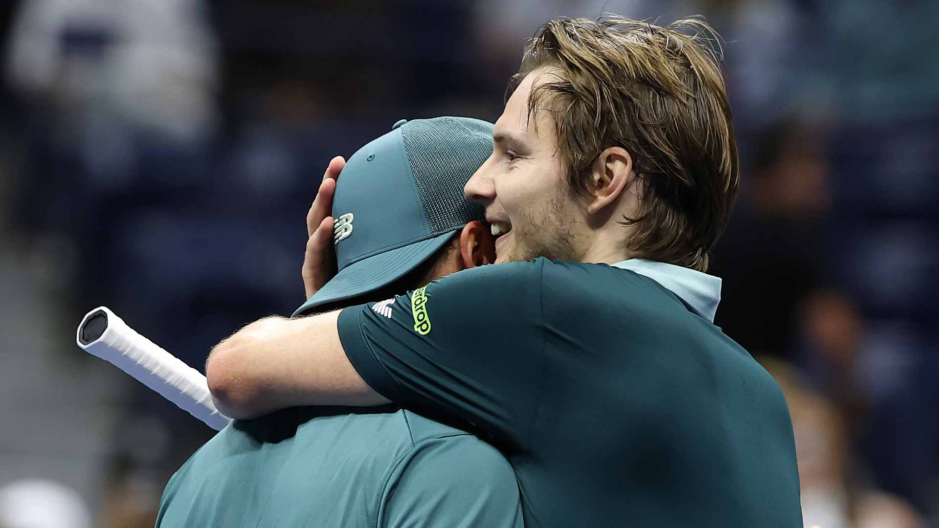 Alexander Bublik embraces Tommy Paul following their five-set clash that ended in the early hours of Sunday morning in New York.