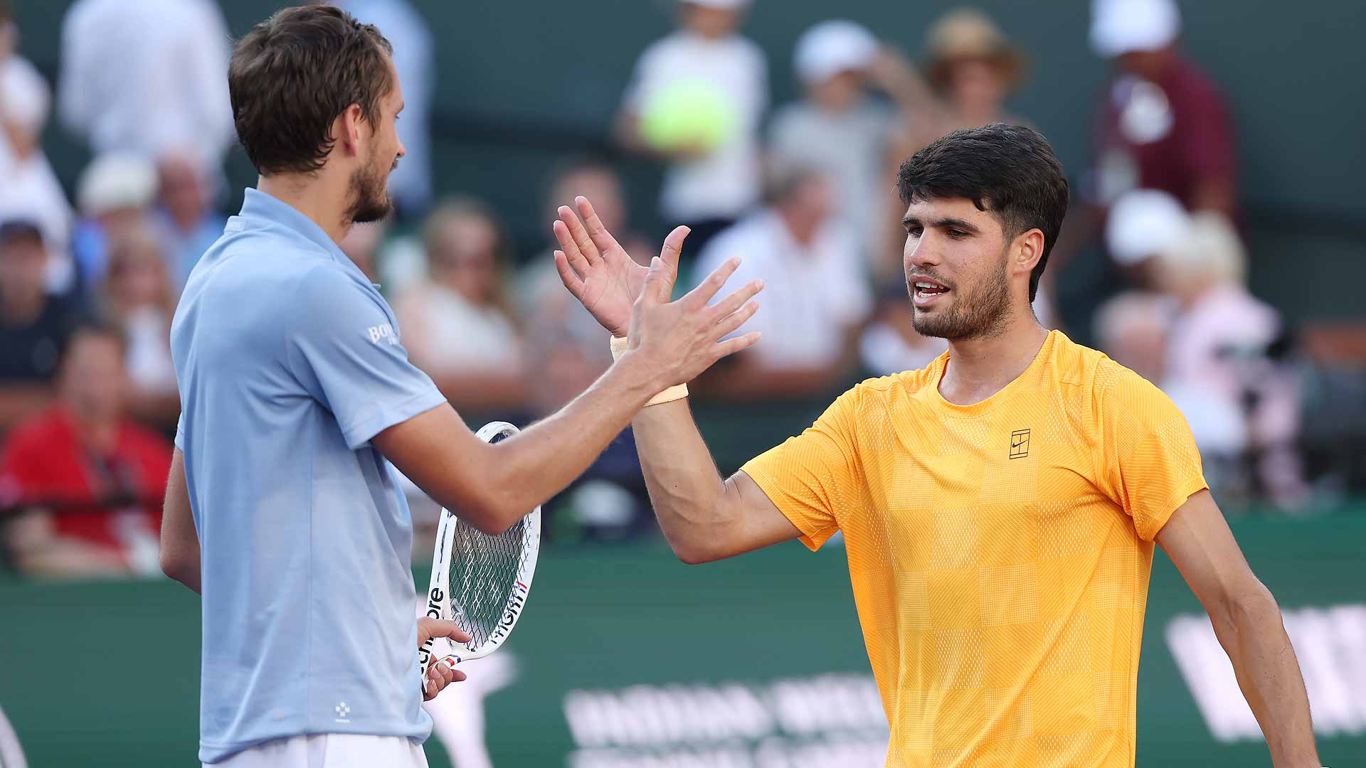 Daniil Medvedev shakes hands with Carlos Alcaraz after beating the World No. 1 in straight sets Saturday in the Indian Wells semi-finals.