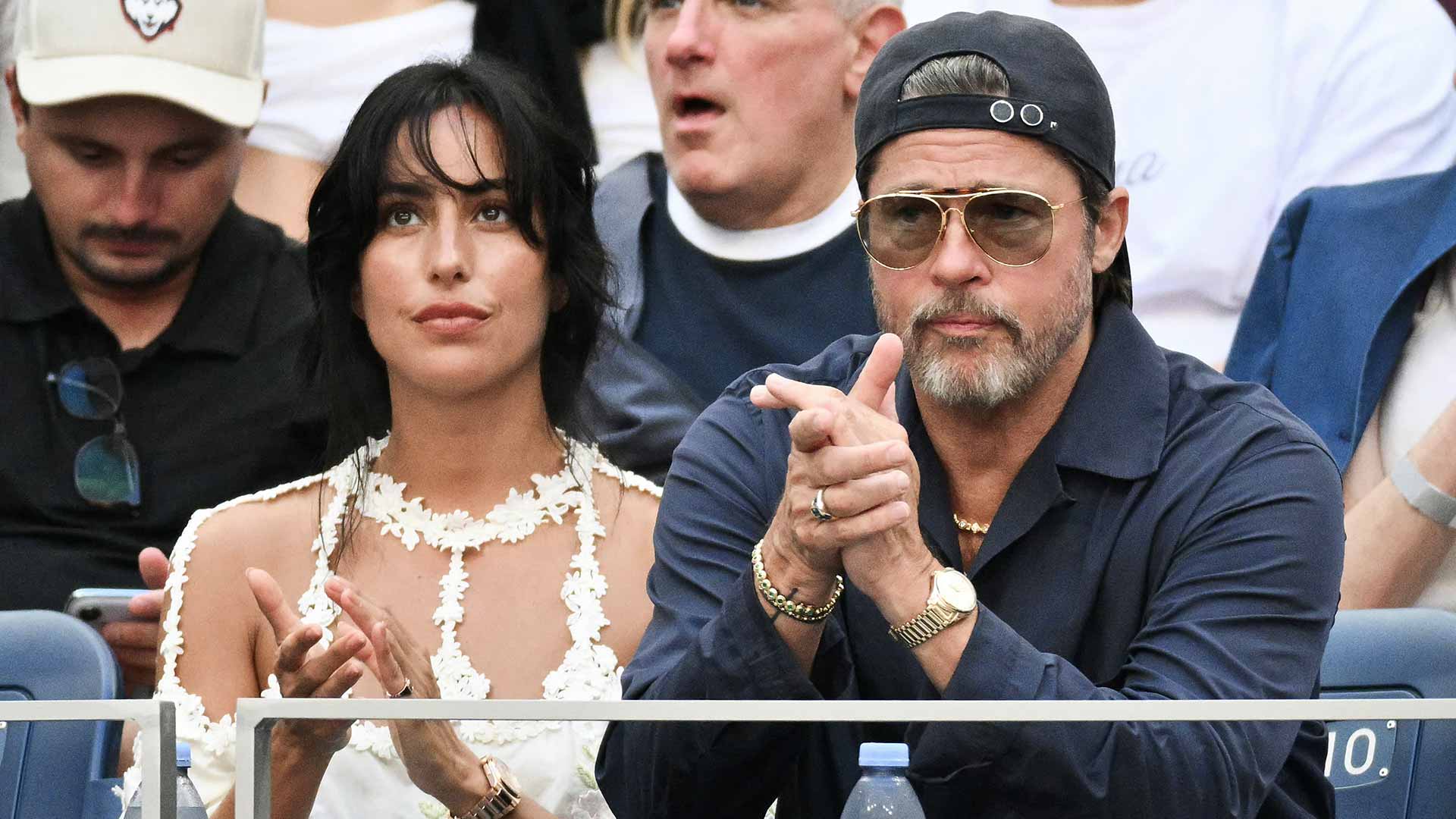 Actor Brad Pitt and Ines de Ramon at the US Open final Sunday.