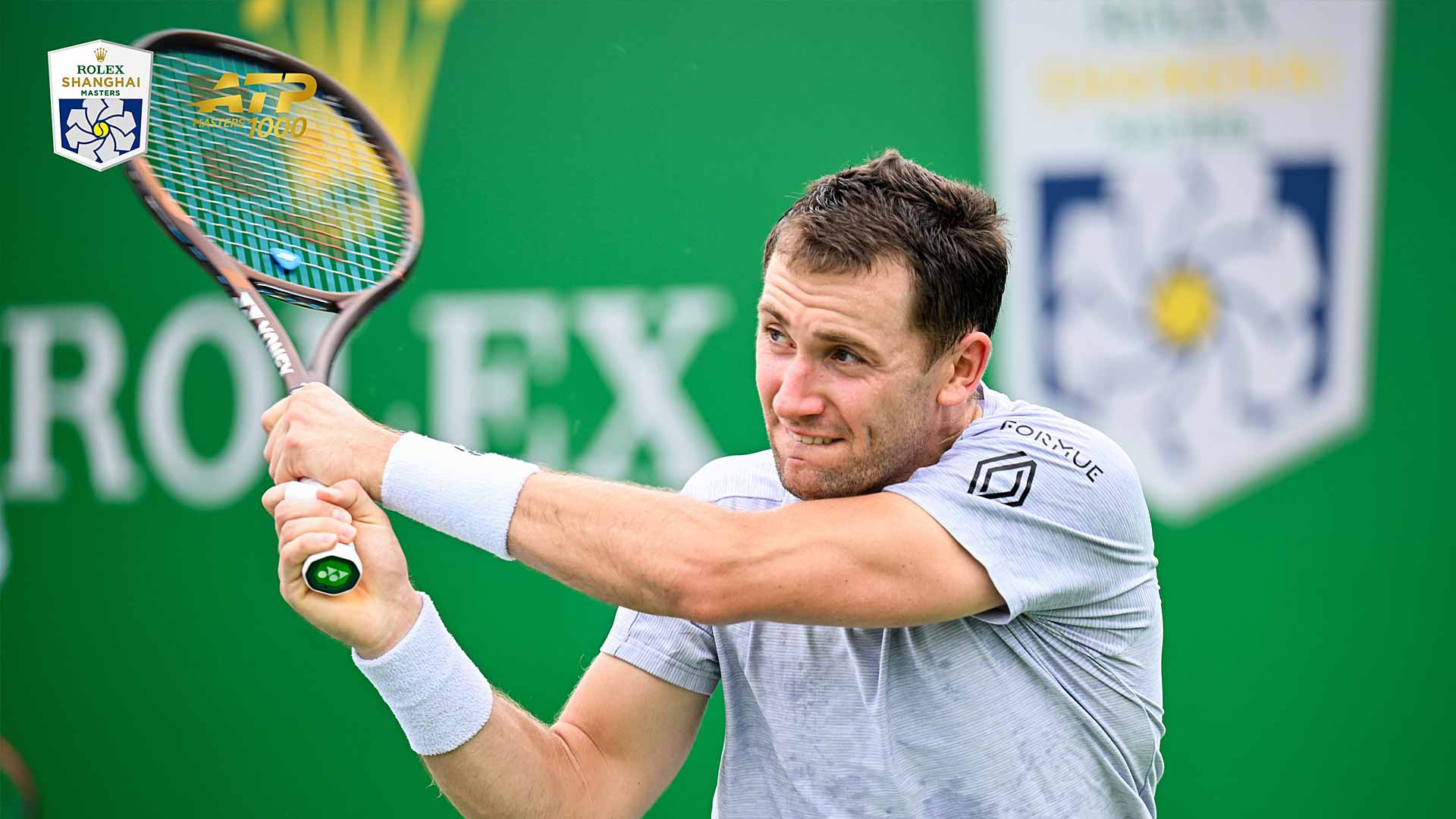 Casper Ruud working hard at practice Saturday in Shanghai.
